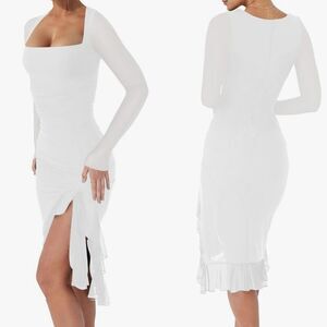 🩵NWT White Fitted Ruched Sheer Ruffles & Long Sleeve Dress Small